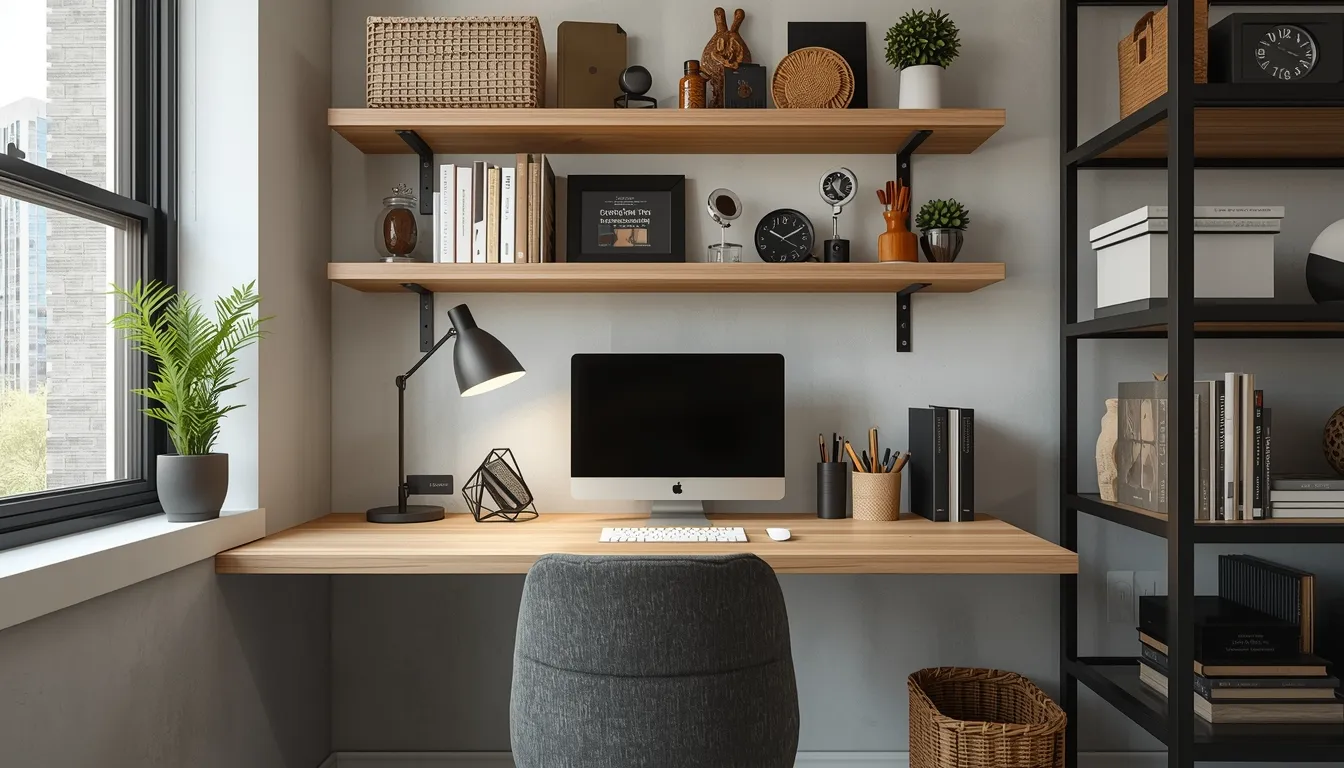 A compact workspace with floating desk, wall shelves, and organized supplies in a small space